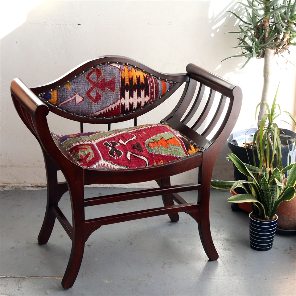 トルコ木製アームチェア H71×W72×D37cm オールドキリム家具 パーソナルチェア old kilim wood furniture armchair