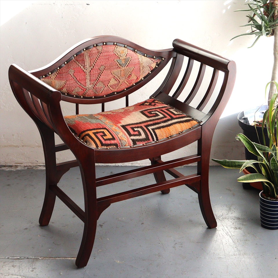 トルコ木製アームチェア H71×W72×D37cm オールドキリム家具 パーソナルチェア old kilim wood furniture armchair