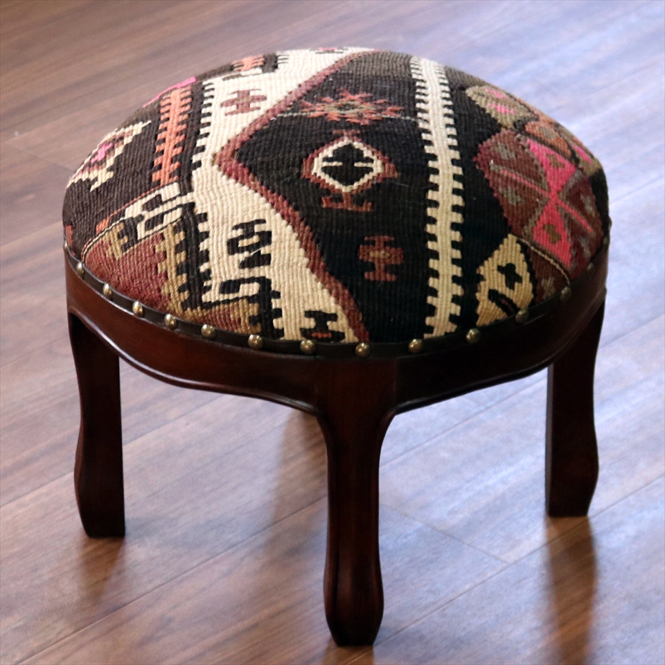 オールドキリムスツール 直径35cm×H29cm ラウンドサイズ キリム木製家具・スツール・オットマン old kilim stool ottman wood furniture