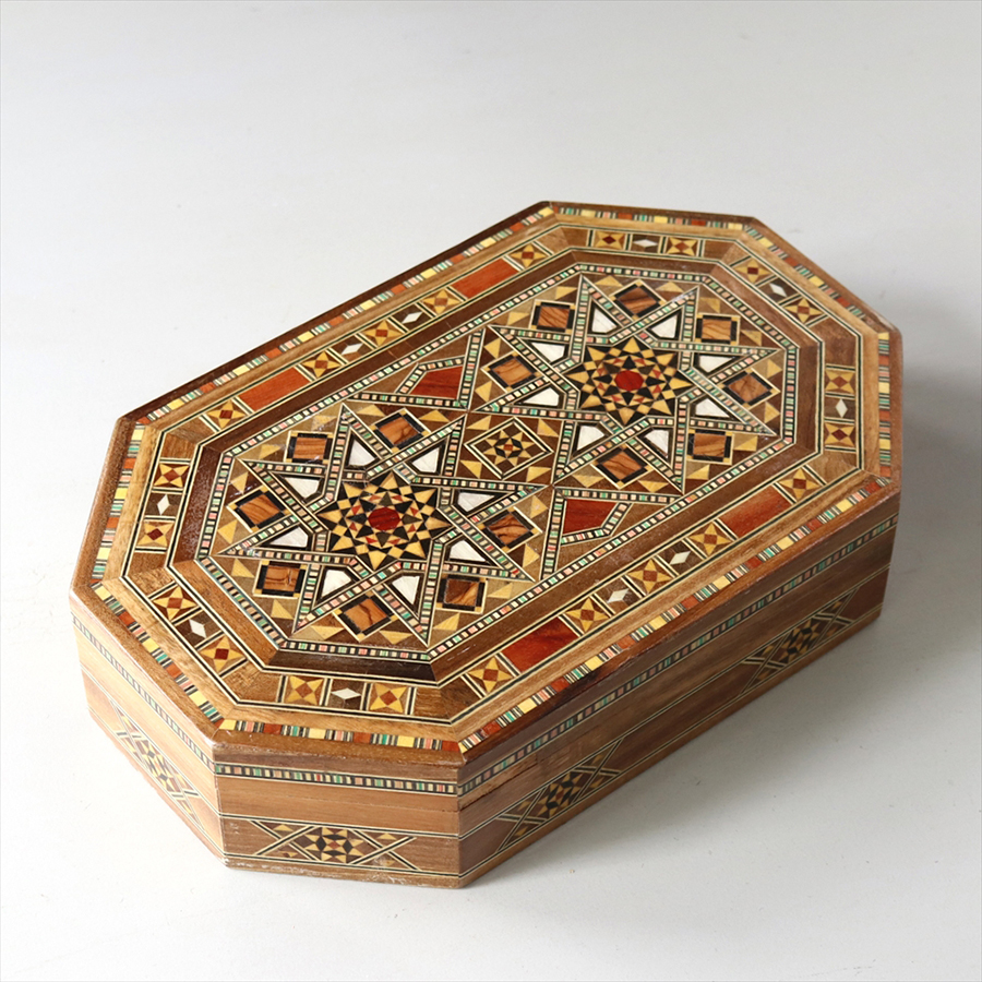 シリア製寄木細工の木製ボックス W26xH5.5xD16cm Syrian Mosaic Box Octagon