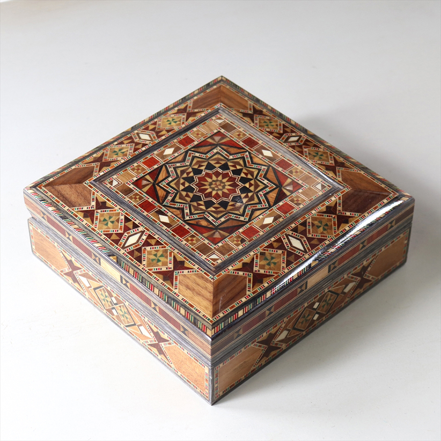 シリア製寄木細工の木製ボックス W18xH6.5xD18cm Syrian Mosaic Box Square