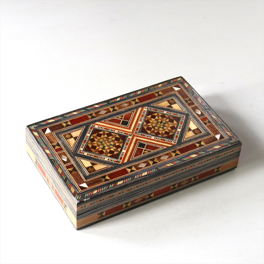 シリア製寄木細工の木製ボックス W16.5xH3.5xD10.5cm Syrian Mosaic Box