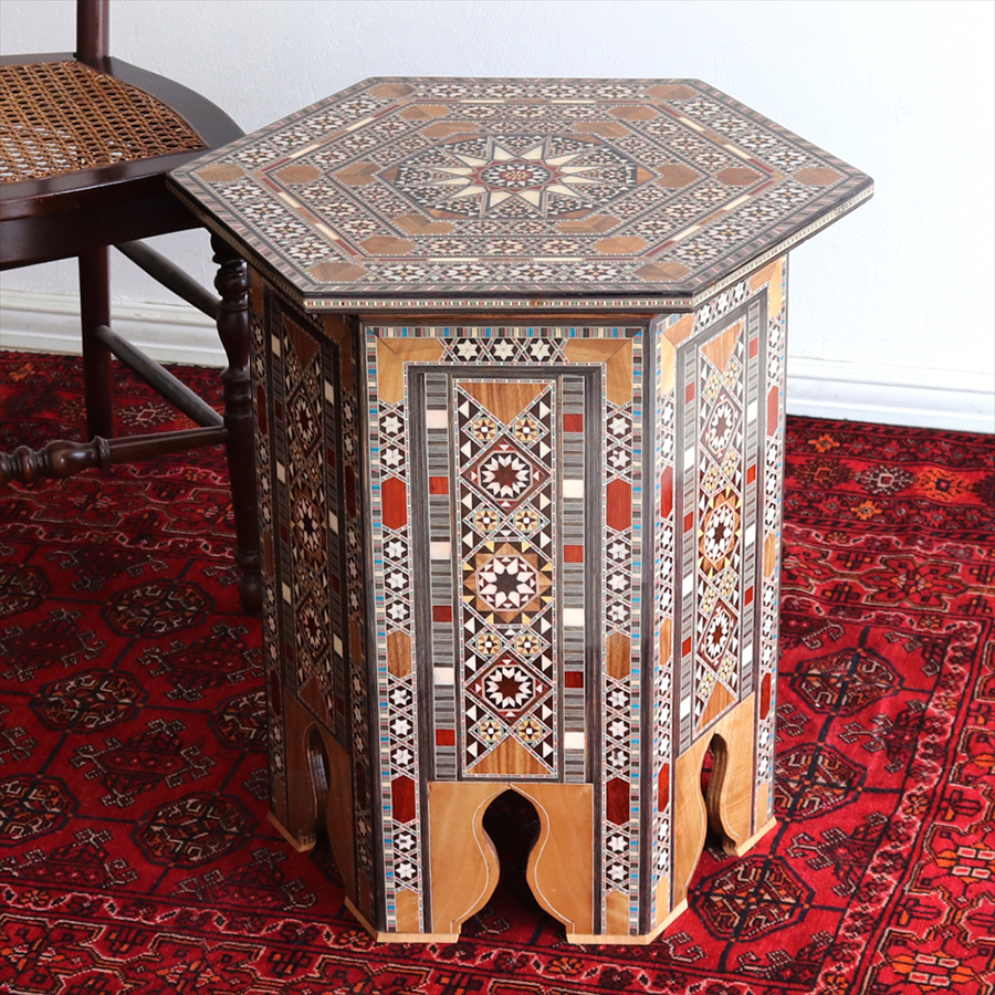 シリア製寄木細工の木製サイドテーブルLサイズ W52xH55xD52cm Syrian Mosaic Furniture Hexagon Table Lsize