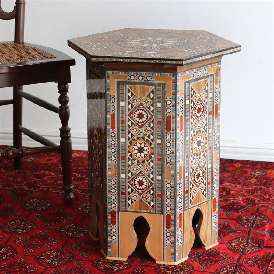 シリア製寄木細工の木製サイドテーブルMサイズ W43xH53xD43cm Syrian Mosaic Furniture Hexagon Table Msize