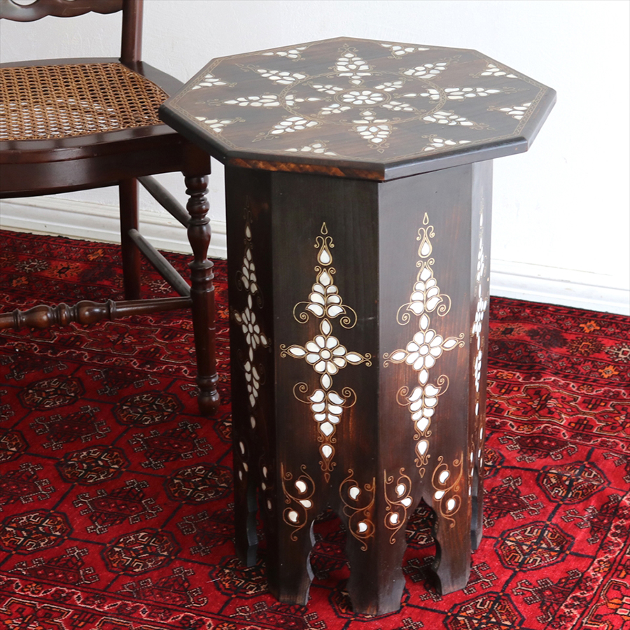 螺鈿細工木製サイドテーブル W46xH61xD46cm 胡桃の木 Mother of Pearl Furniture Octagon Table