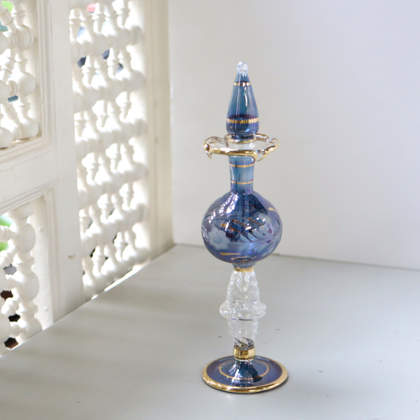 エジプトガラス香水瓶　Egyptian Perfume Bottle　ブルー　18cm クリスタルステム