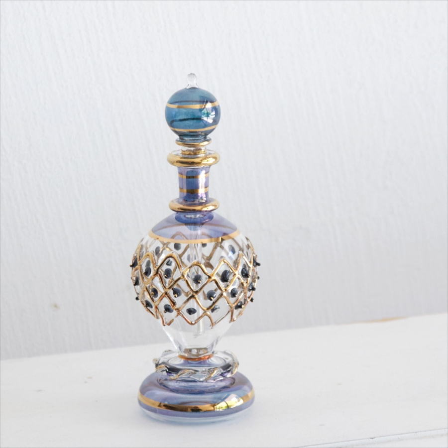 エジプトガラス香水瓶　Egyptian Perfume Bottle　ガラス細工 レリーフ　ブルー