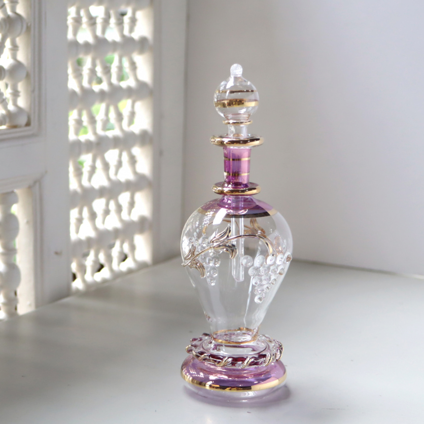 エジプトガラス香水瓶　Egyptian Perfume Bottle　パープル　18cm　葡萄のレリーフ