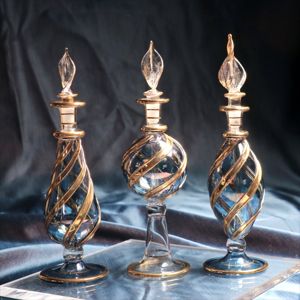 エジプトガラス香水瓶　３本セット ファラオ　ゴールドライン/ブルー