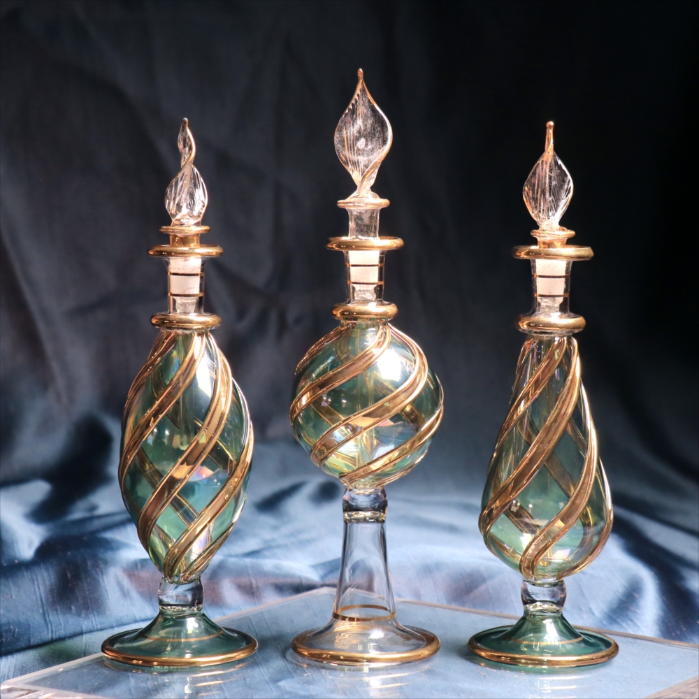 エジプトガラス香水瓶　３本セット ファラオ　ゴールドライン/グリーン