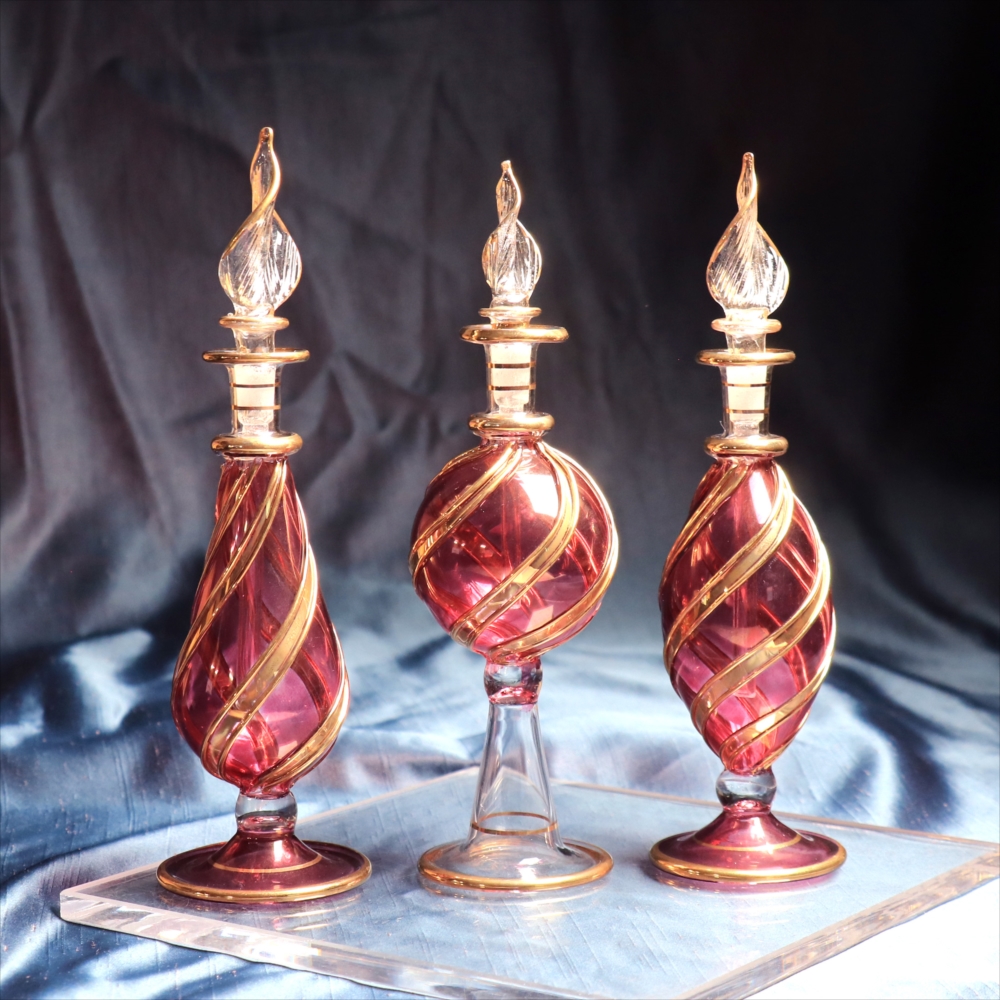 エジプトガラス香水瓶　３本セット ファラオ　ゴールドライン/パープル