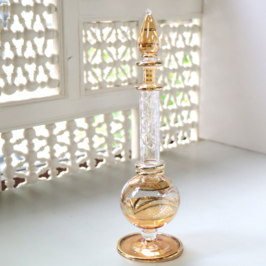 エジプトガラス香水瓶　Egyptian Perfume Bottle　イエロー 28cm ゴールドの切子細工