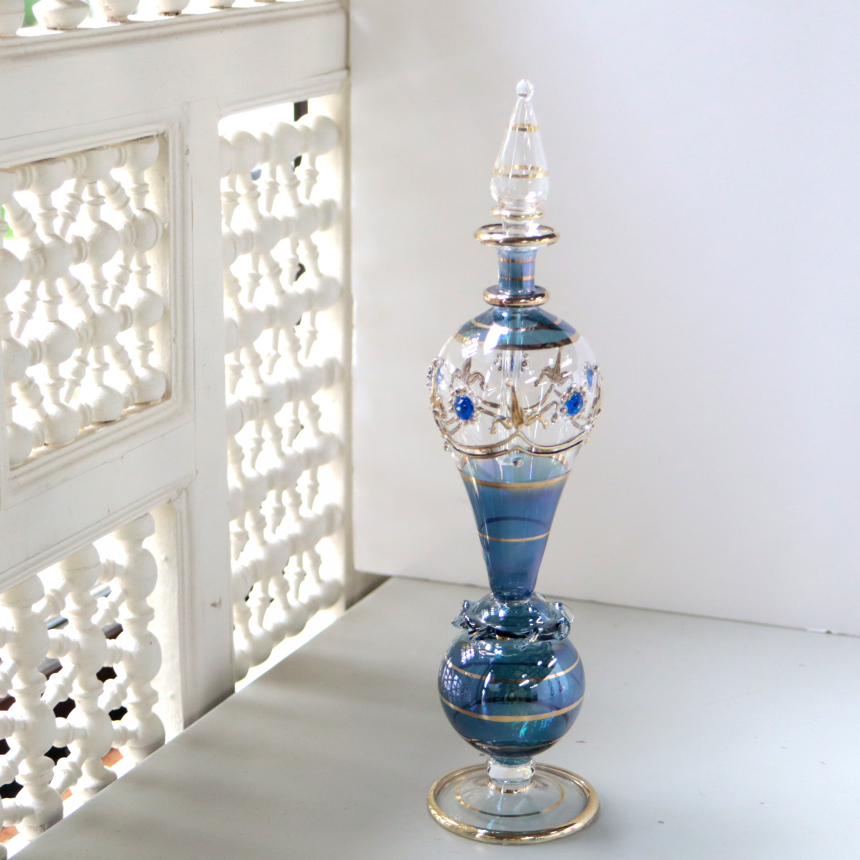 エジプト香水瓶 Egypt Purfume Bottles ガラス細工のレリーフ　24cm ブルー フラワーモチーフ