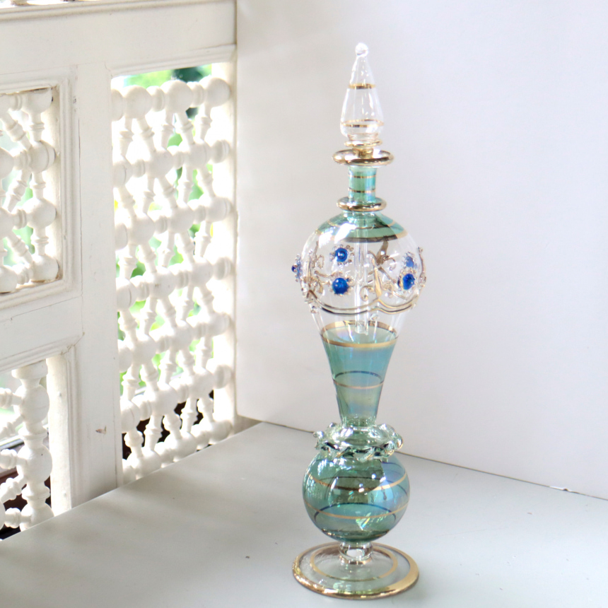 エジプト香水瓶 Egypt Purfume Bottles ガラス細工のレリーフ　グリーン　24cm　フラワーモチーフ