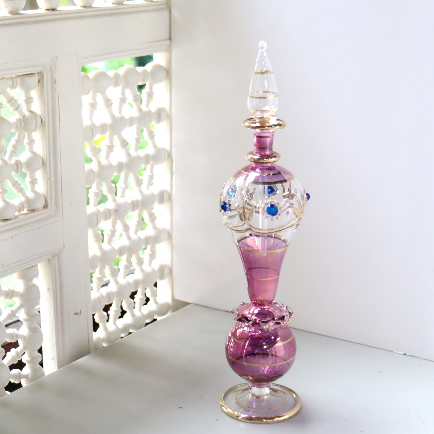 エジプト香水瓶 Egypt Purfume Bottles ガラス細工のレリーフ　パープル　24cm　フラワーモチーフ