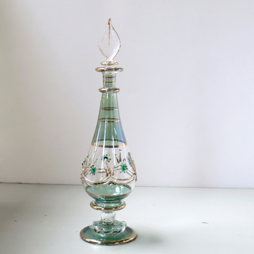 エジプトガラス香水瓶　Egyptian Perfume Bottle　グリーン 28cm フラワーモチーフ