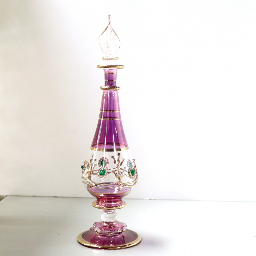 エジプトガラス香水瓶　Egyptian Perfume Bottle　パープル 28cm フラワーモチーフ