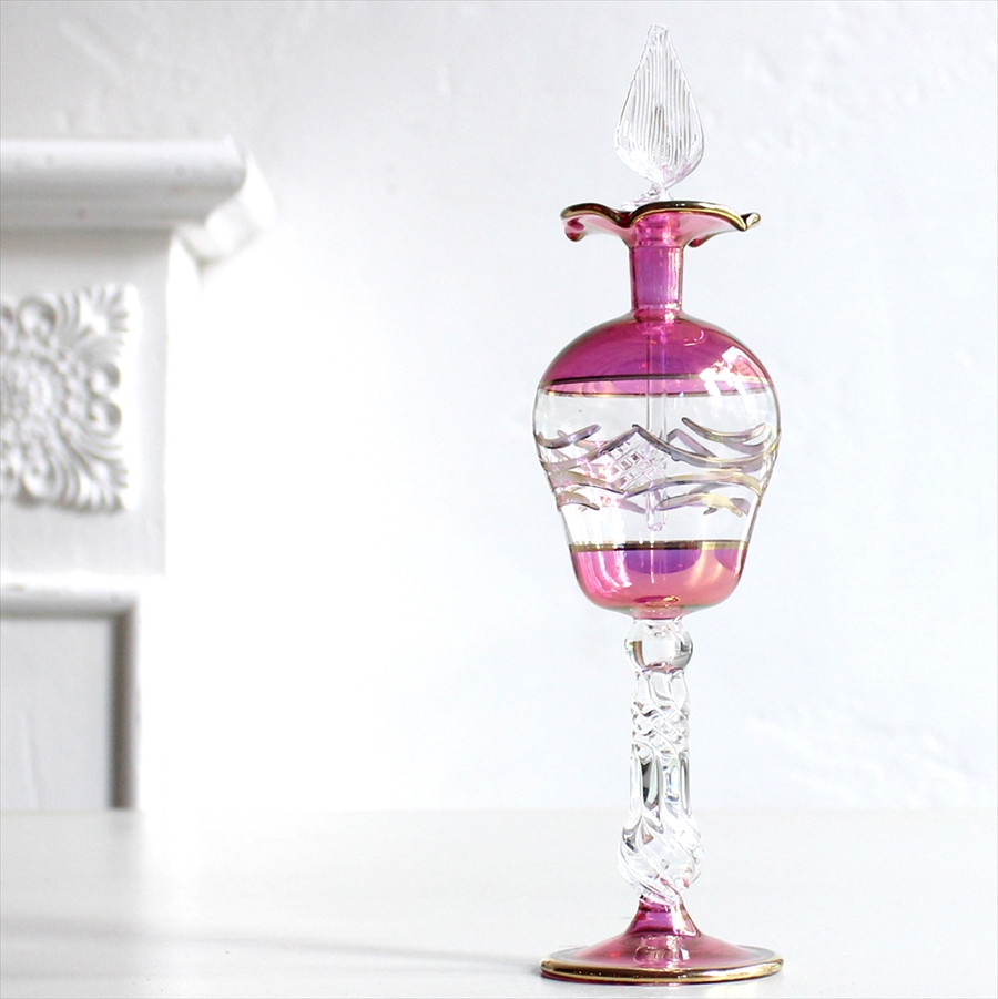 エジプト・ガラス香水瓶 美しい切子風デザイン Egyptian Purfume Bottle 23cm ピンク