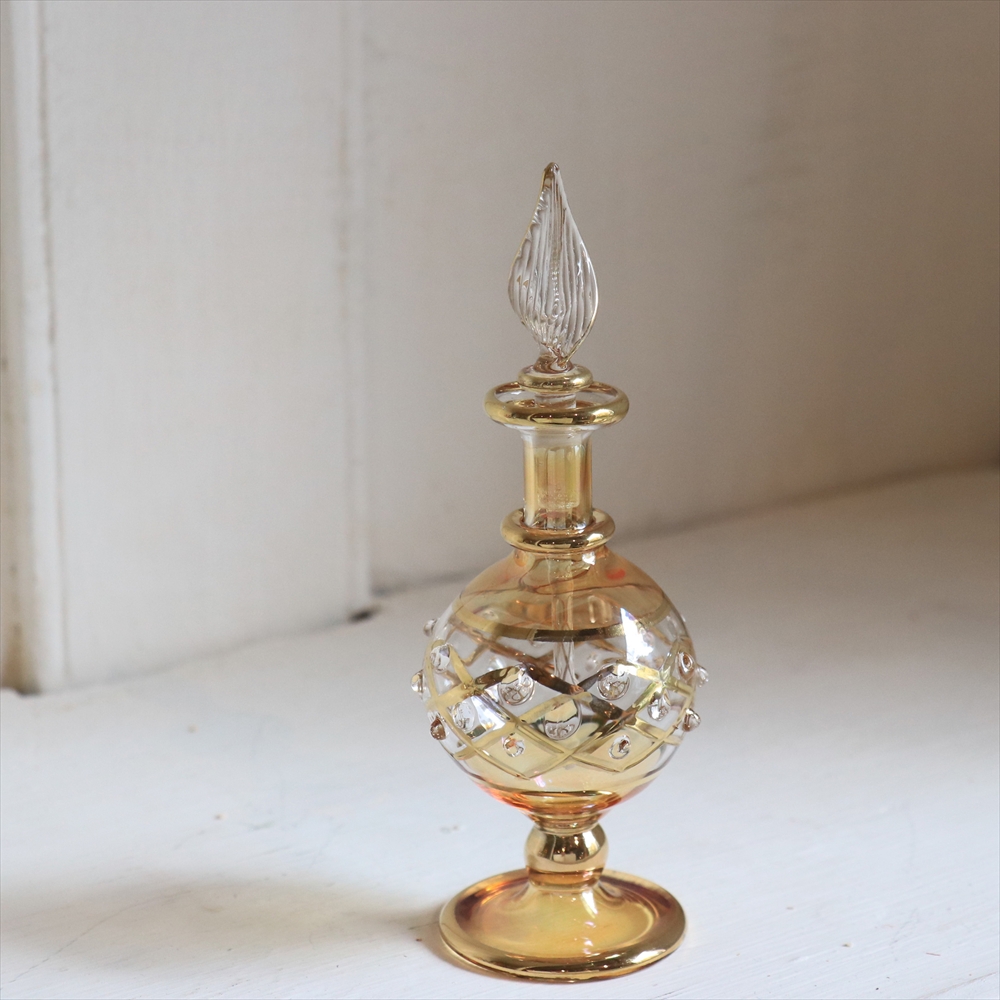 エジプトガラス香水瓶　クレオパトラ 　12cm　直径4cm イエロー　Egyptian Perfume Bottle