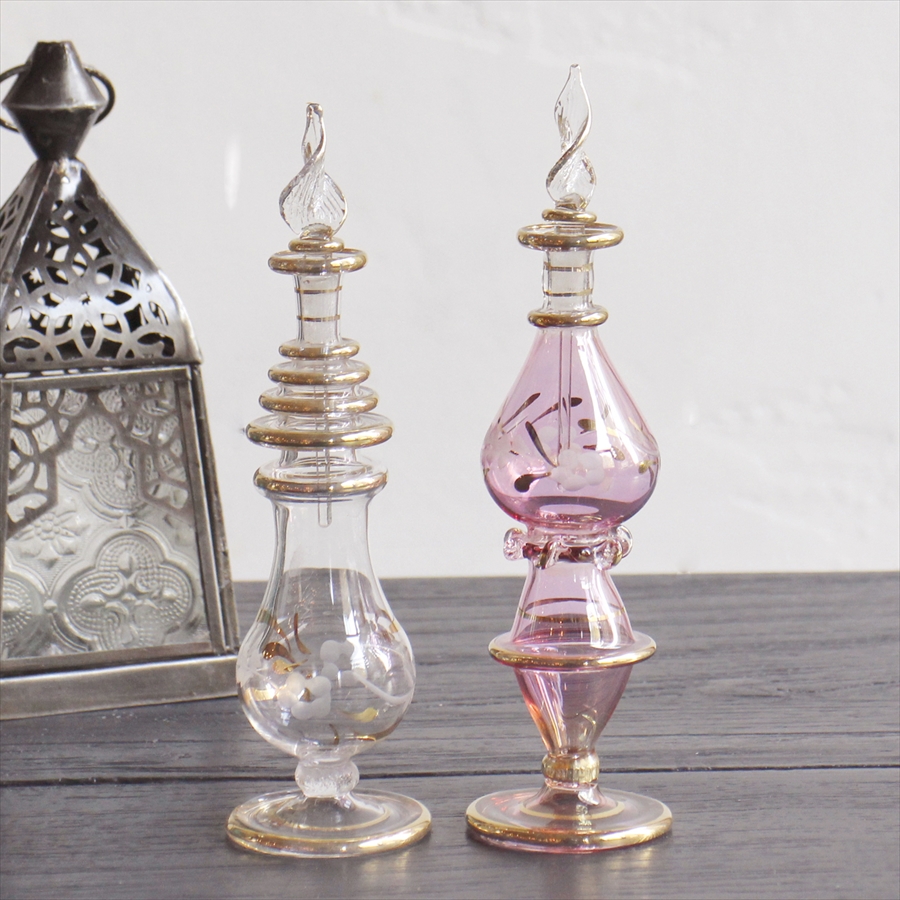 エジプトガラス香水瓶　Egyptian Perfume Bottle　2本セット　クレオパトラ　クリア、ピンク