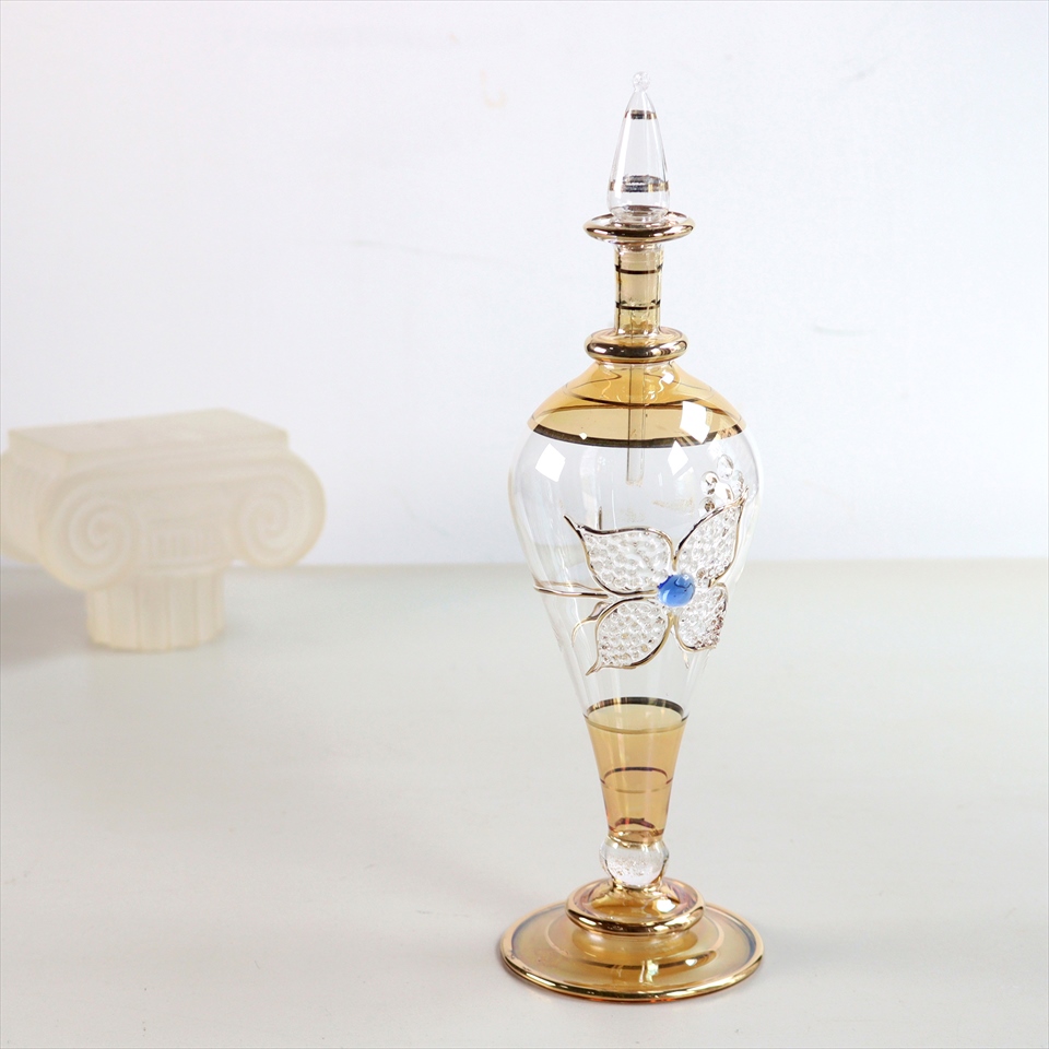 エジプト香水瓶・Egypt Purfume Bottles ガラス細工のレリーフ　25cm イエロー フラワーモチーフ