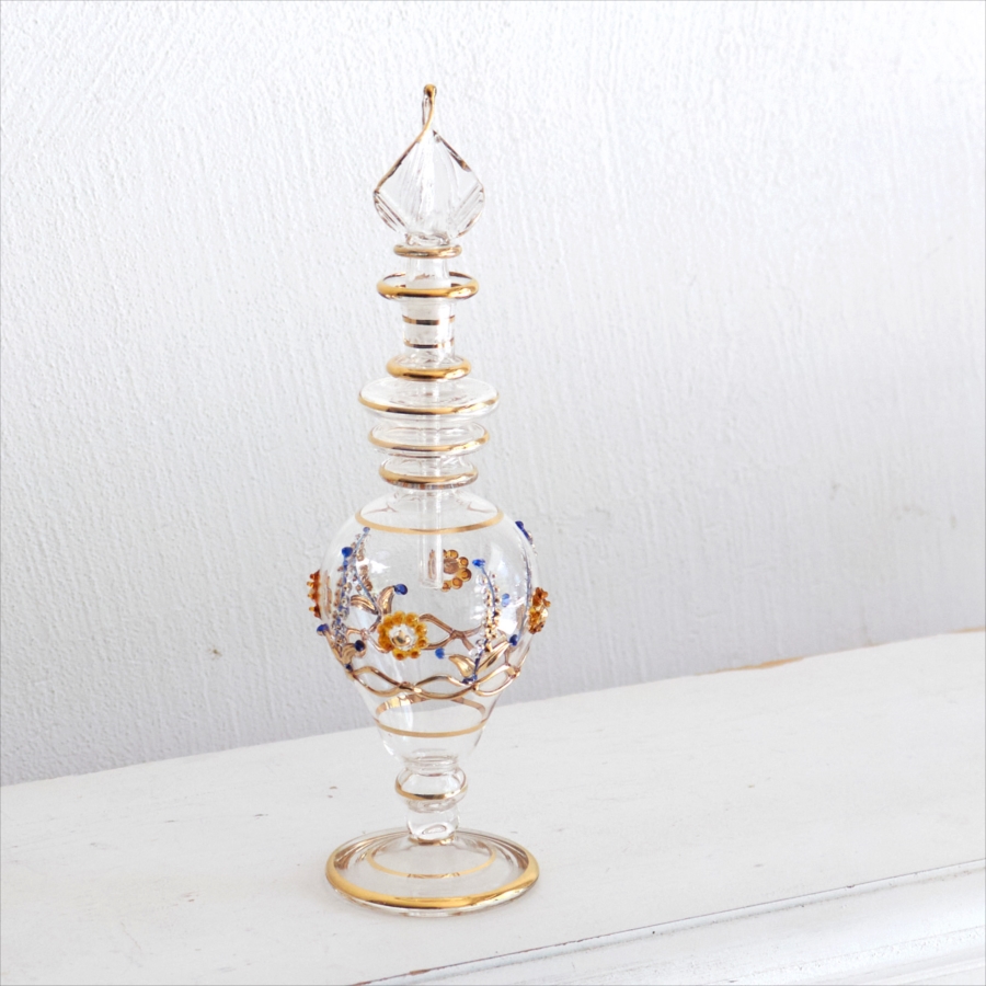 エジプト　ガラス香水瓶 ガラス細工のレリーフ　19cm　クリア　フラワーモチーフ Egypt Glass Bottle Handmade