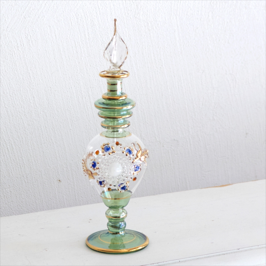 エジプト　ガラス香水瓶 ガラス細工のレリーフ　19cm　グリーン　フラワーモチーフ Egypt Glass Bottle Handmade