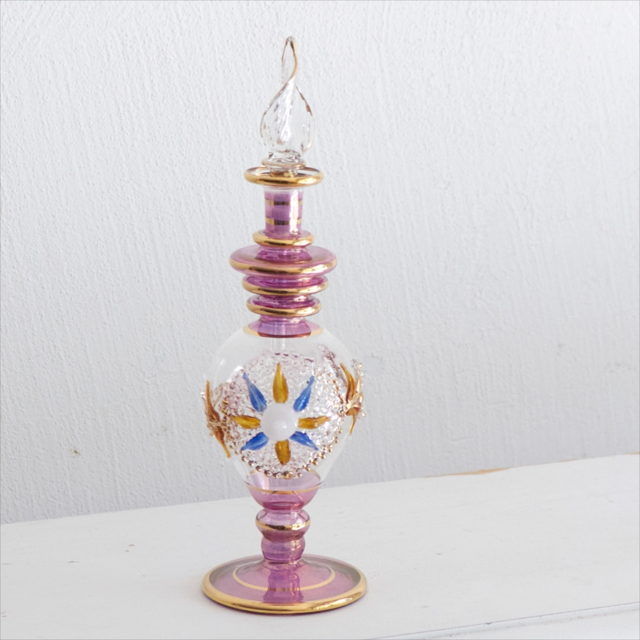 エジプト　ガラス香水瓶 ガラス細工のレリーフ　19cm　パープル　フラワーモチーフ Egypt Glass Bottle Handmade