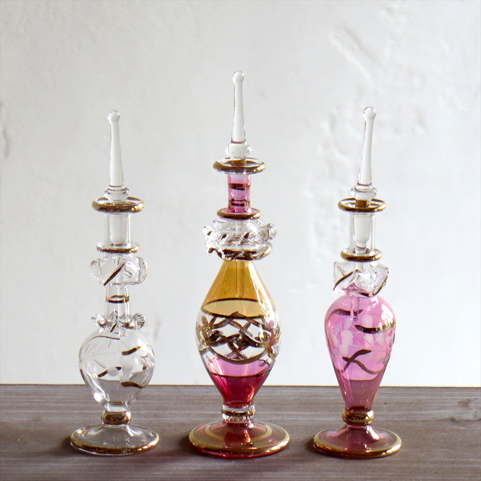 ガラス香水瓶　3本セット　エジプト製 Egyptian Purfume Bottle　クリア/ピンク＆イエロー/ピンク
