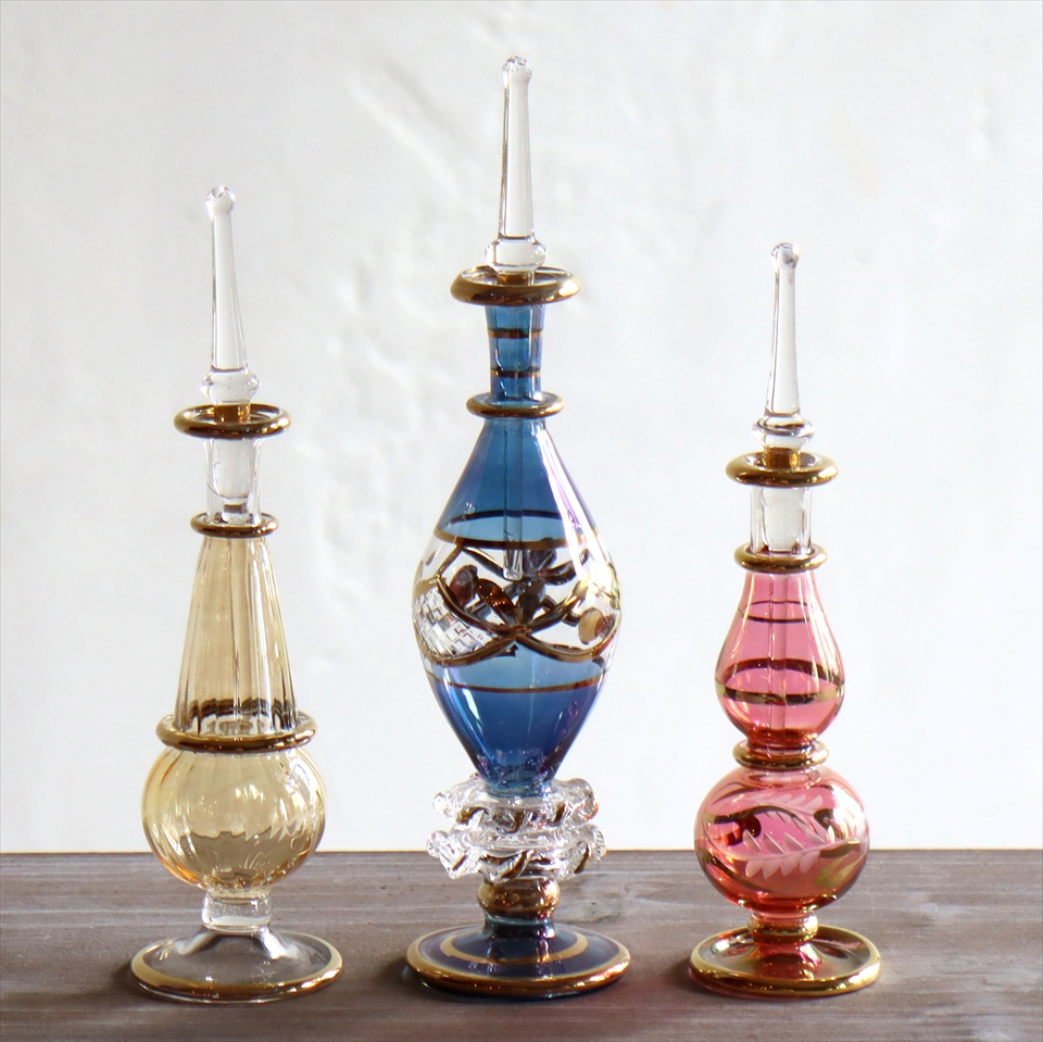 ガラス香水瓶　3本セット　エジプト製 Egyptian Purfume Bottle　イエロー/ブルー/ピンク