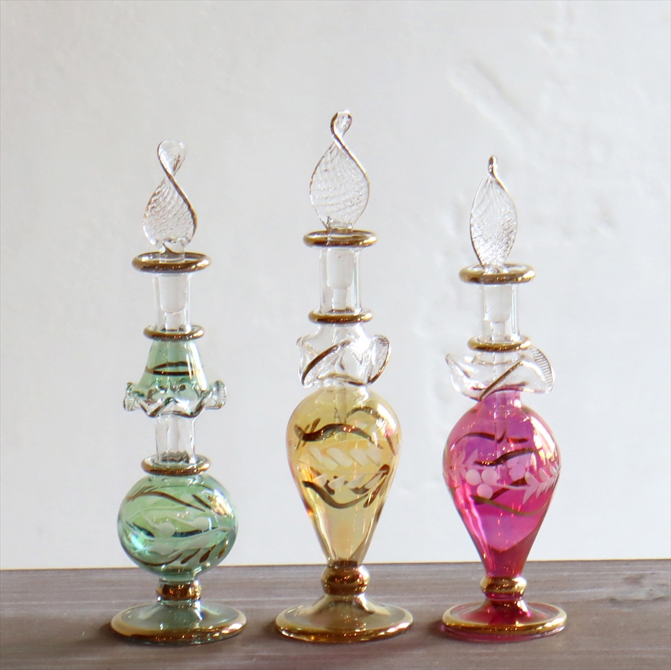 ガラス香水瓶・エジプト　3本セット　Egyptian Purfume Bottle　グリーン/イエロー/ピンク