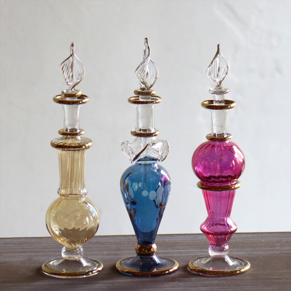 ガラス香水瓶　エジプト　3本セット　Egyptian Purfume Bottle　イエロー/ブルー/パープル