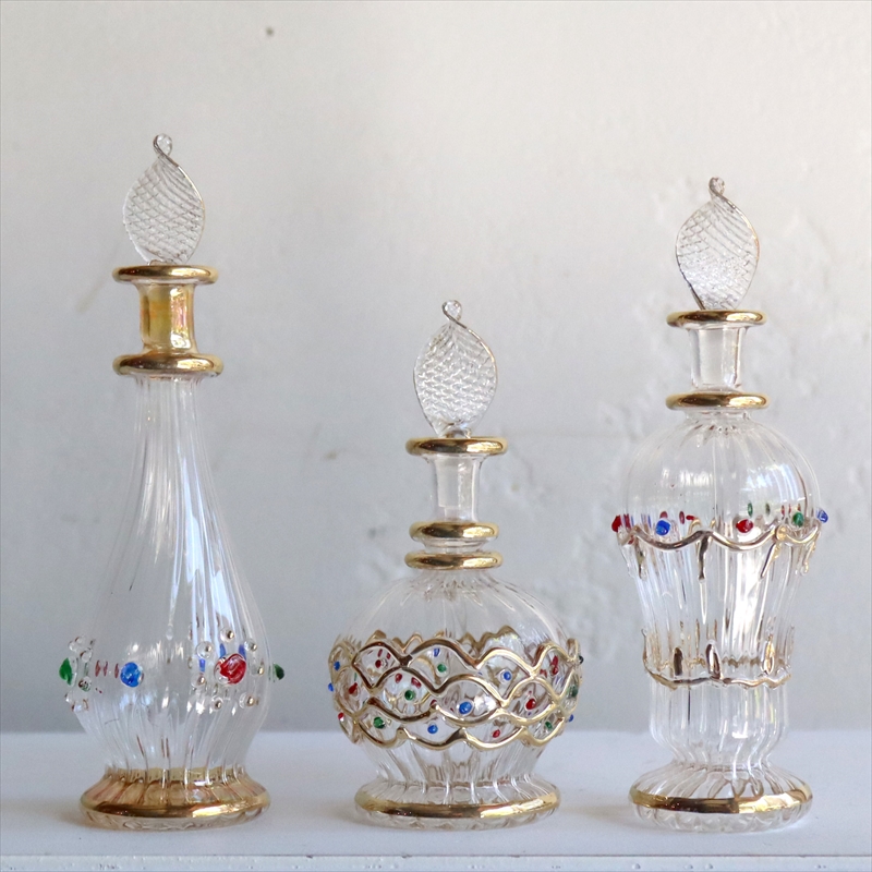 エジプト ガラス香水瓶　3本セット　クリア エジプト製 Egyptian Purfume Bottle
