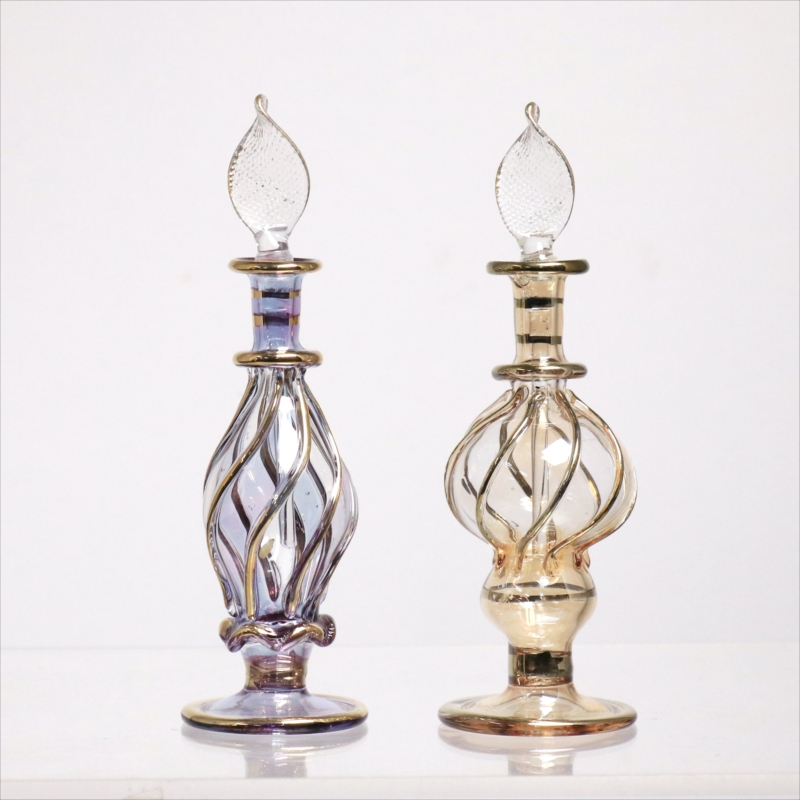 エジプト ガラス香水瓶　11cm ２本セット　ゴールドライン ファラオ Egyptian Glass Bottle