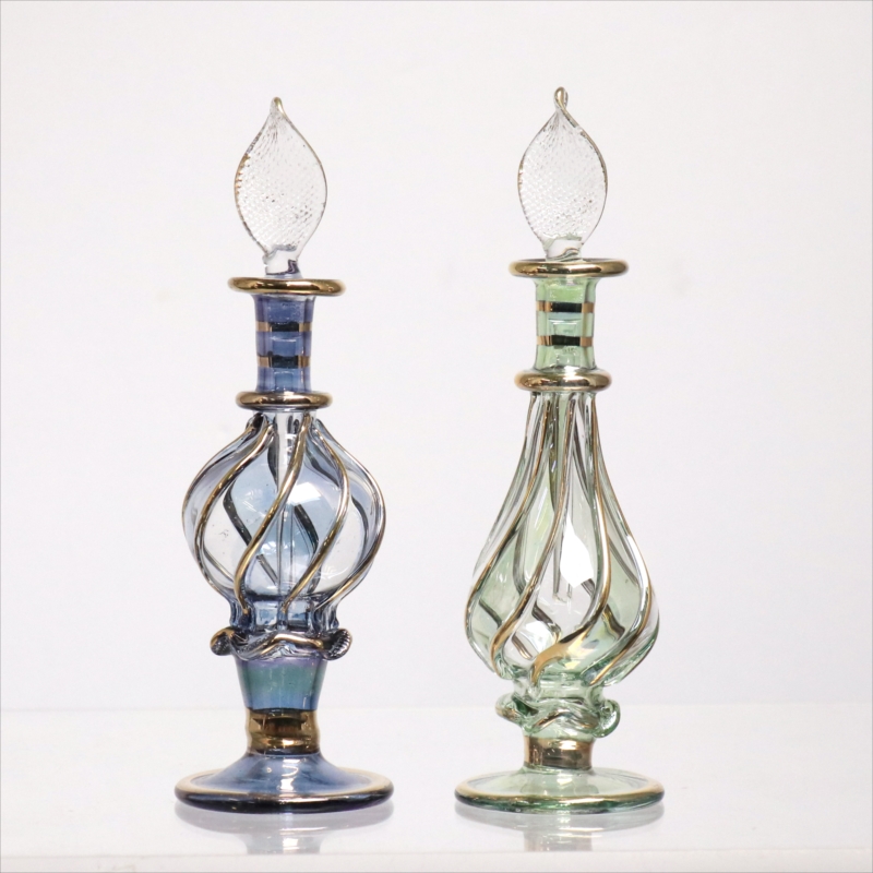 エジプト ガラス香水瓶　11cm ２本セット　ゴールドライン ファラオ Egyptian Glass Bottle