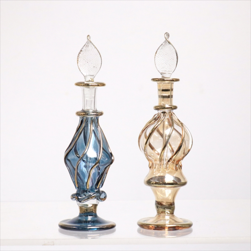 エジプト ガラス香水瓶　11cm ２本セット　ゴールドライン ファラオ Egyptian Glass Bottle