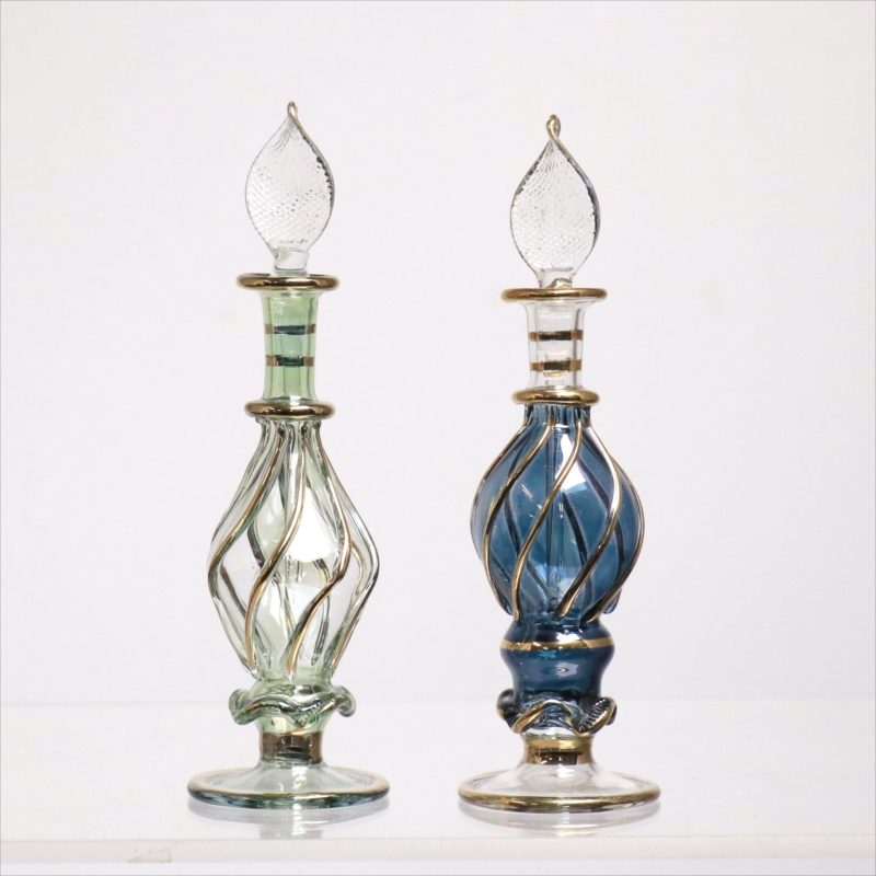 エジプト ガラス香水瓶　11cm ２本セット　ゴールドライン ファラオ Egyptian Glass Bottle