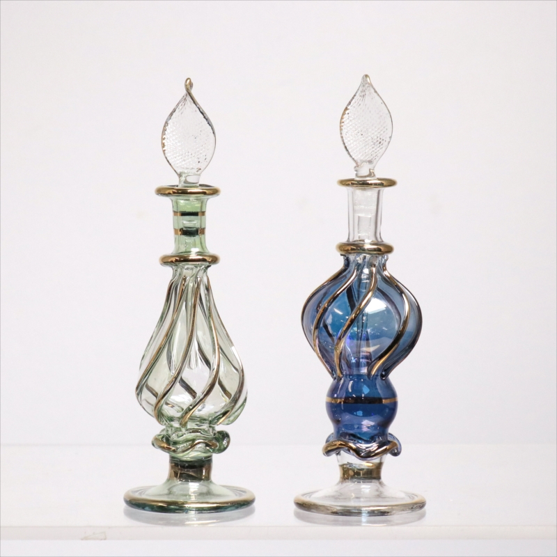 エジプト ガラス香水瓶　11cm ２本セット　ゴールドライン ファラオ Egyptian Glass Bottle