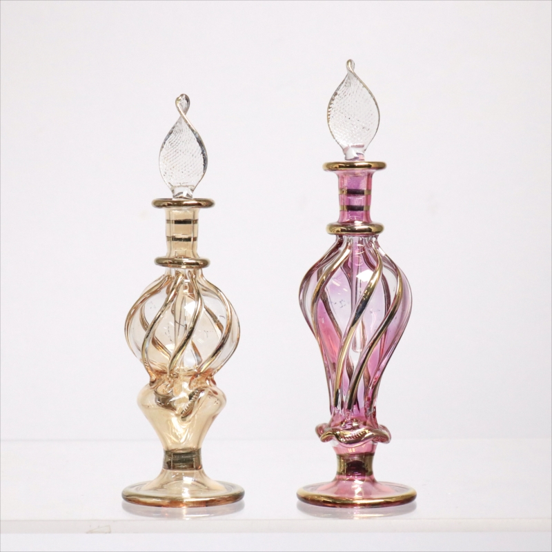 エジプト ガラス香水瓶　11cm ２本セット　ゴールドライン ファラオ Egyptian Glass Bottle