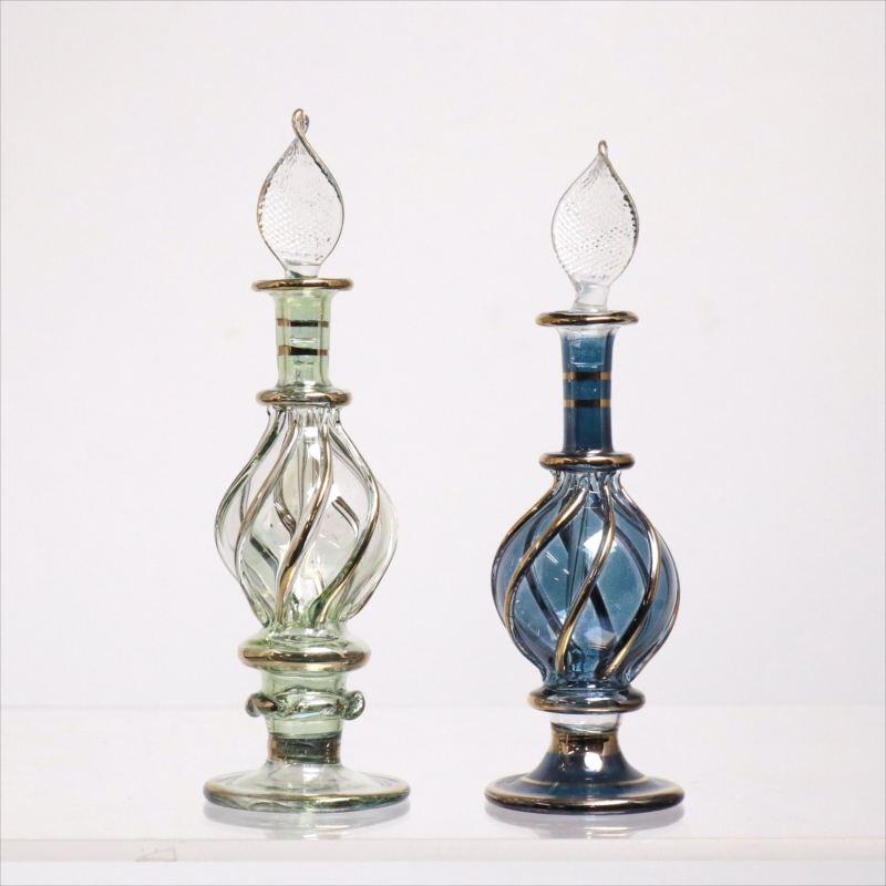 エジプト ガラス香水瓶　11cm ２本セット　ゴールドライン ファラオ Egyptian Glass Bottle