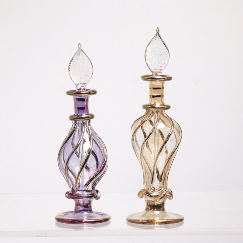 エジプト ガラス香水瓶　11cm ２本セット　ゴールドライン ファラオ Egyptian Glass Bottle