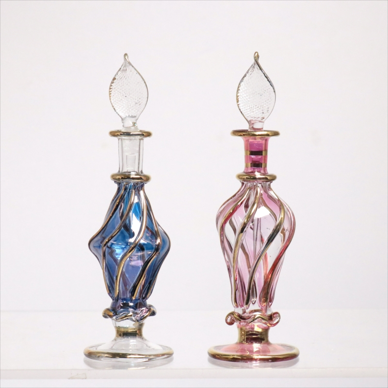 エジプト ガラス香水瓶　11cm ２本セット　ゴールドライン ファラオ Egyptian Glass Bottle