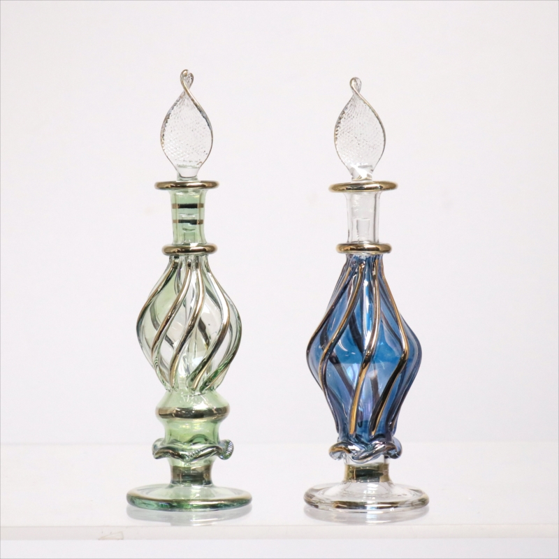 エジプト ガラス香水瓶　11cm ２本セット　ゴールドライン ファラオ Egyptian Glass Bottle