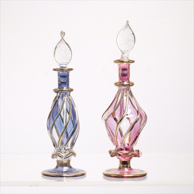 エジプト ガラス香水瓶　11cm ２本セット　ゴールドライン ファラオ Egyptian Glass Bottle