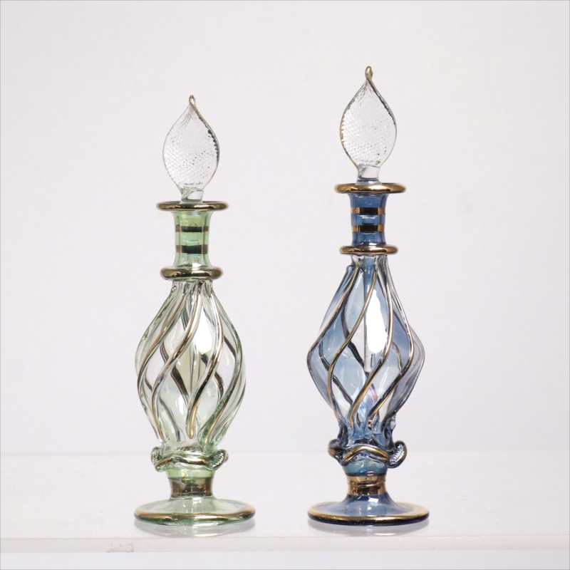 エジプト ガラス香水瓶　11cm ２本セット　ゴールドライン ファラオ Egyptian Glass Bottle
