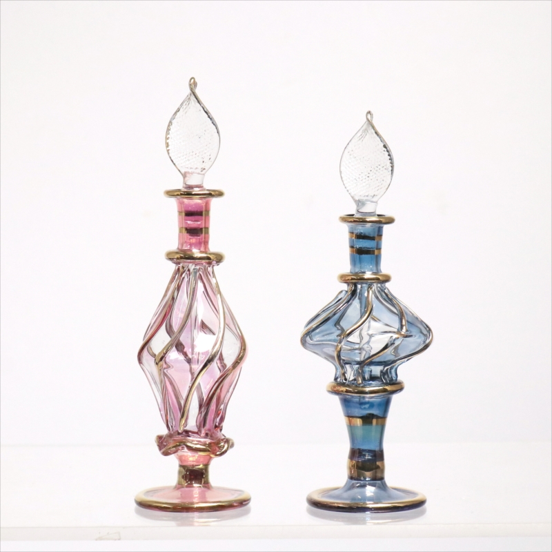 エジプト ガラス香水瓶　11cm ２本セット　ゴールドライン ファラオ Egyptian Glass Bottle