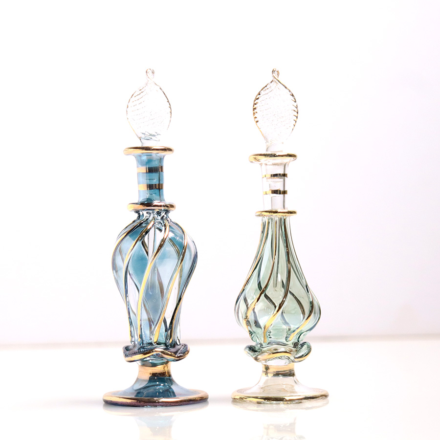 エジプト ガラス香水瓶　11cm ２本セット　ゴールドライン ファラオ Egyptian Glass Bottle