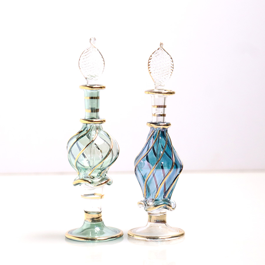 エジプト ガラス香水瓶　11cm ２本セット　ゴールドライン ファラオ Egyptian Glass Bottle