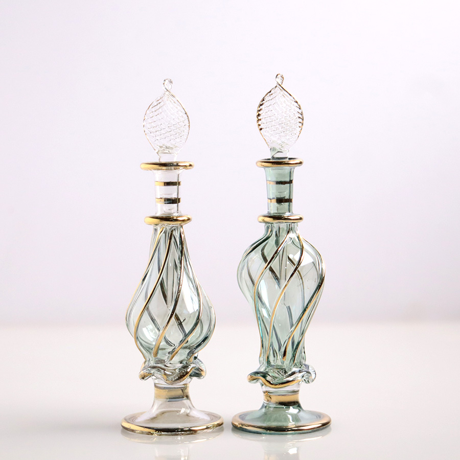 エジプト ガラス香水瓶　11cm ２本セット　ゴールドライン ファラオ Egyptian Glass Bottle