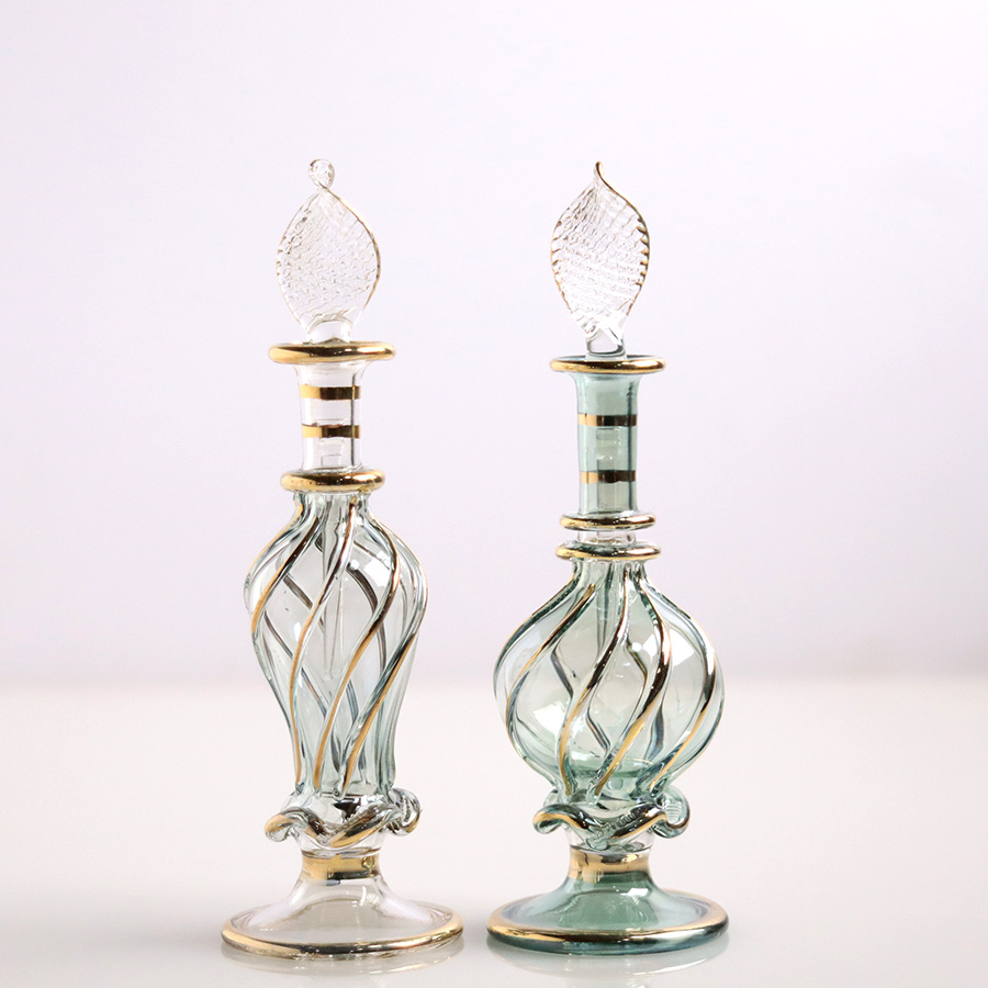 エジプト ガラス香水瓶　11cm ２本セット　ゴールドライン ファラオ Egyptian Glass Bottle